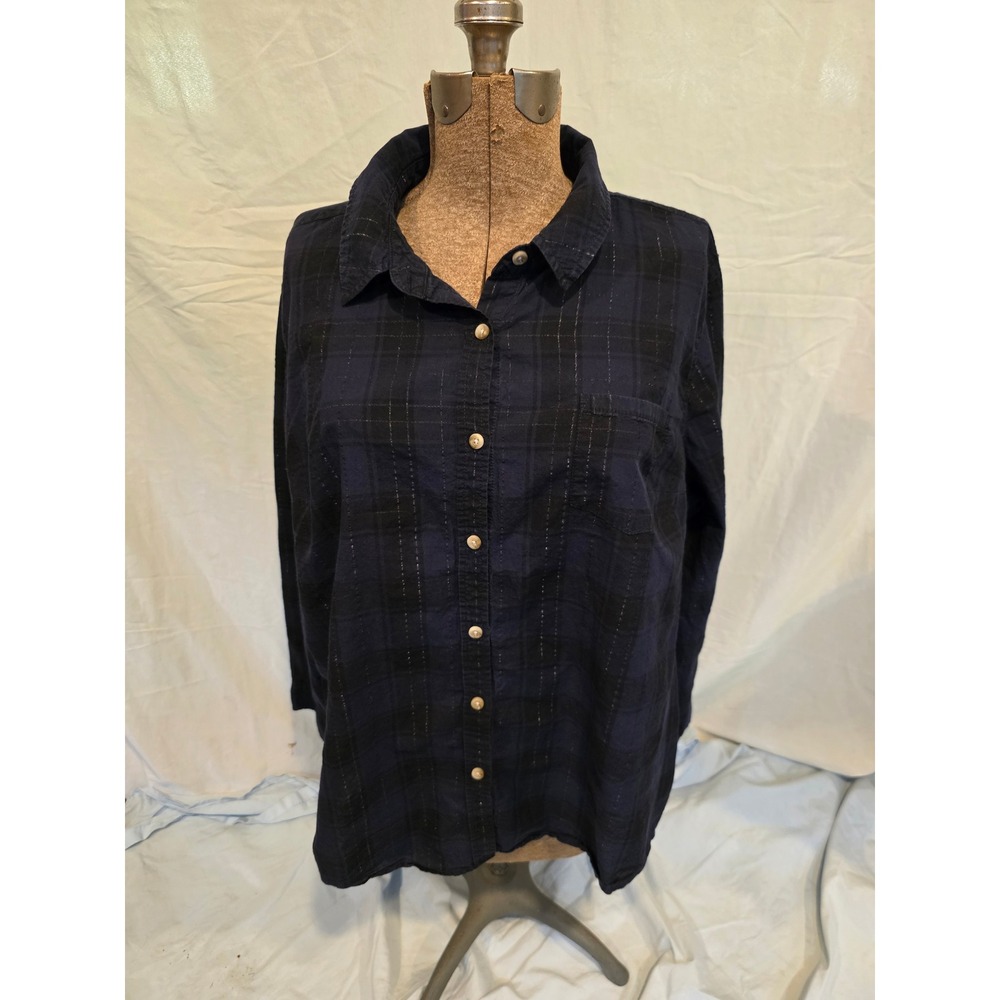 Pure Energy Plaid Button Down Top Navy Blue Metallic Gold 3X W 27in L 27in S 24